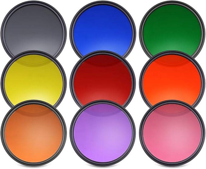 NEEWER 9PCS Full Color Lens Filter Set, 58mm Resin Lens Filters with Red, Orange, Blue, Yellow, Green, Brown, Purple, Pink, Gray Color Available with 2 Pouches, Camera Lens Accessories