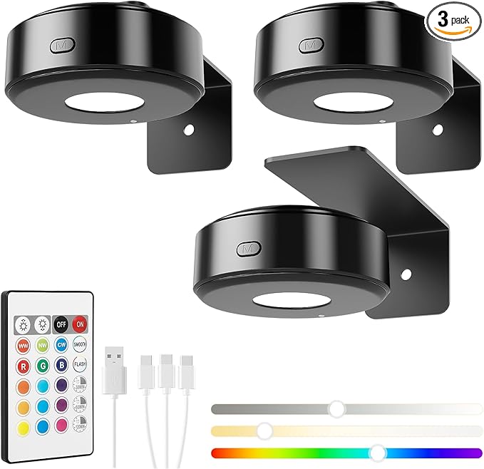 3PCS Picture Lights, Rechargeable Battery Magnetic Poster Lights with 3 Color Temps&12 RGB, Dimmable and Timer Metal Art Light for Display, Wall, Artwork, Gallery (Black)