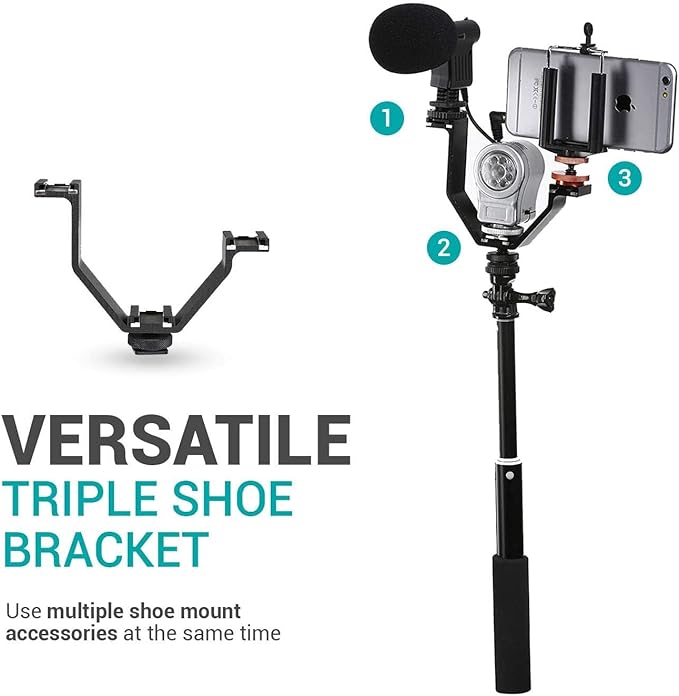 Movo MQ-THM01 Triple Shoe Bracket - Camera V Bracket for Lights, Monitors, Microphones and More (Small)