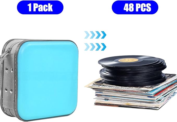 Car CD Case, 48 Capacity Hard Plastic & Non-Woven Fabric Vehicle DVD Case Holder with Zipper, Portable Automotive Disc Wallet Storage Organizer Binder for Travel, Universal Fit (Sky Blue)