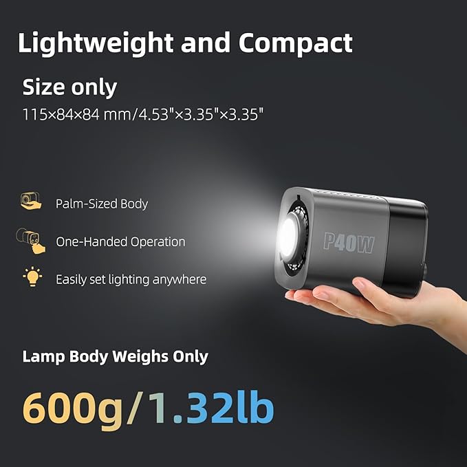 LUXCEO Portable LED Video Light 40W Metal Mini COB LED Bi-Color 2500K-6500K CRI≥95 TLCI≥97 Built-in 5000mAh Battery Photo Studio Light Handheld Spotlight Magnetic Attachable Reflector & Softbox