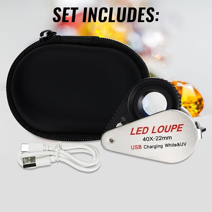 40x Jewelers Loupe Magnifier with UV & LED Lights, 22mm Triplet Lens Rechargeable Jewelers Loupe Foldable Jewelry Magnifier Portable Jewelry Magnifier Inspection Loupe for Gems, Jewelry, Coins, Rocks
