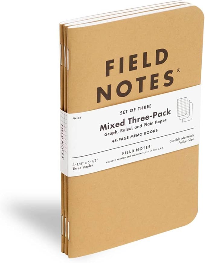 Field Notes: Original Kraft 3-Pack - Mixed Paper (1 Graph/Grid, 1 Ruled/Lined, 1 Plain/Blank) Memo Books - 48 Page Pocket Notebooks - 3.5" x 5.5"