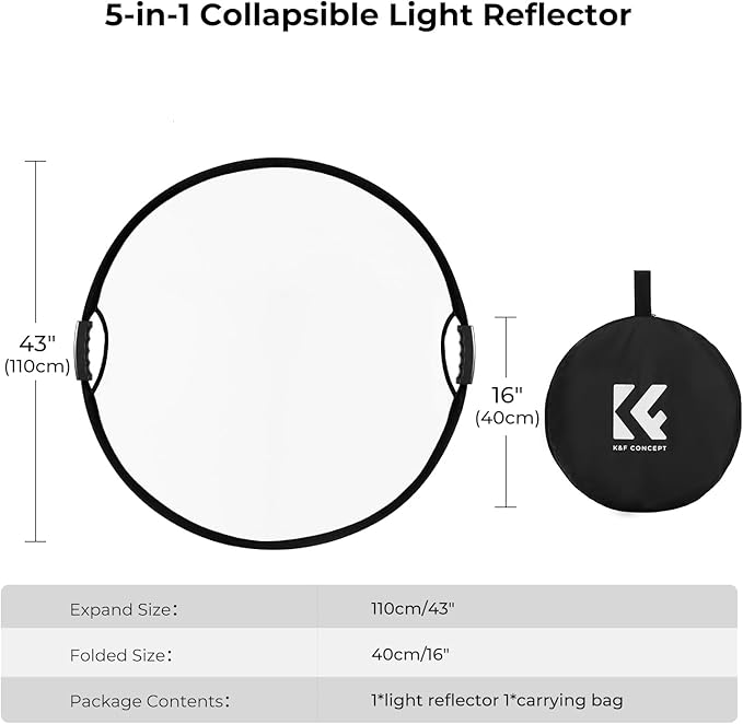 K&F CONCEPT Light Reflector with Grips, 43"(110cm) 5-in-1 Photography Diffuser Collapsible Portable with Grips for Studio and Outdoor Lighting Gold Silver White Black Translucent