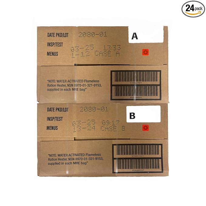 Meals Ready to Eat A and B bundle cases 2025, 2026 inspection. Genuine Military US surplus emergency food bulk supply full box with heater
