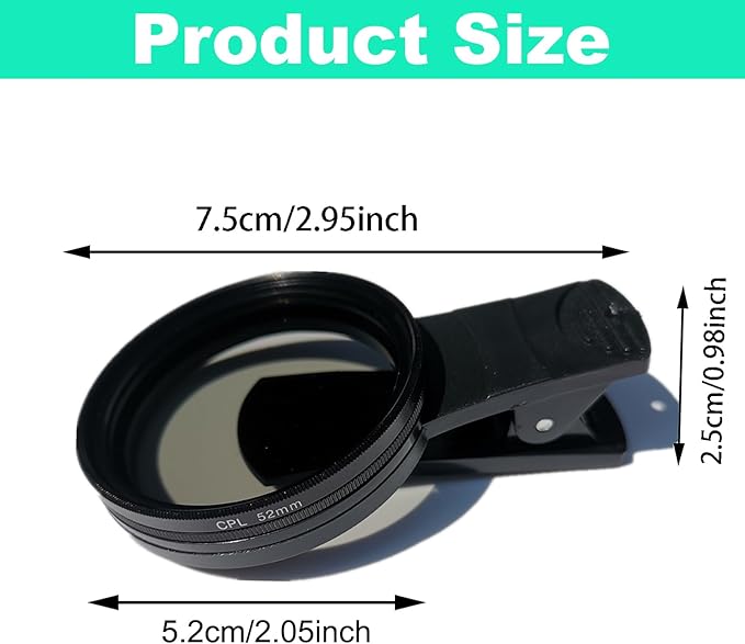 52mm CPL Phone Camera Lens, Clip-On Cellphone Lens CPL Filter Polarizer, Universal Cell Phone Camera Lens Compatible with Most Mobilephone Models(Black)