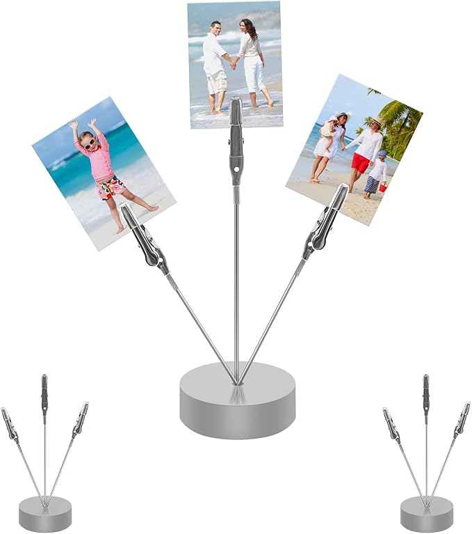 FaitAtten 3 Pack Desktop Photo Tree Holder Clip Round Base, 3-Branch Gift Card Holder with Clips, Memo and Picture Display Clip Holder Stand for Wedding Party Photo Clip Holder Table Numbers Silver