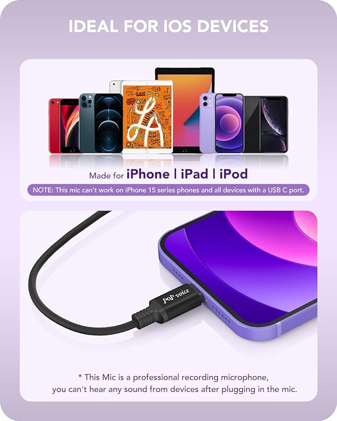PoP voice Microphone Professional for iPhone Lavalier Lapel Omnidirectional Microphone for iPad, iPod, Condenser Mic for iPhone Audio & Video Recording, YouTube, Interview, Podcast, Vlogging(6.6 Feet)
