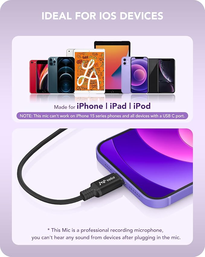 PoP voice Microphone for iPhone Professional Lavalier Lapel Omnidirectional Microphone for iPad, iPod,Wired Condenser Mic for iPhone Video Recording, YouTube, Interview, Podcast,Vlogging(19.6 Feet)