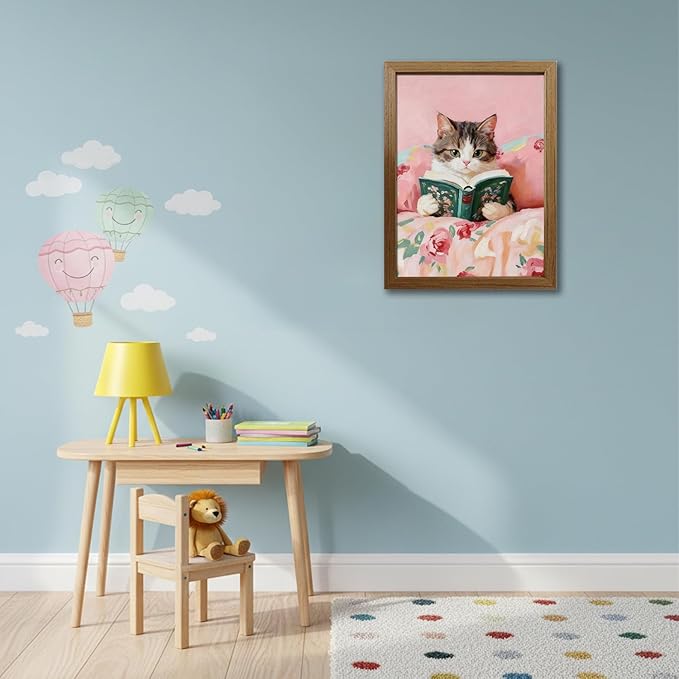 Cat Reading Framed Canvas Wall Art, Cute Cat Poster Paintings Print Picture, Single Panel Wood Frame Artwork Posters Prints for Bedroom Living Room Home Décor Wall Decoration, 16x12in / 24x16in