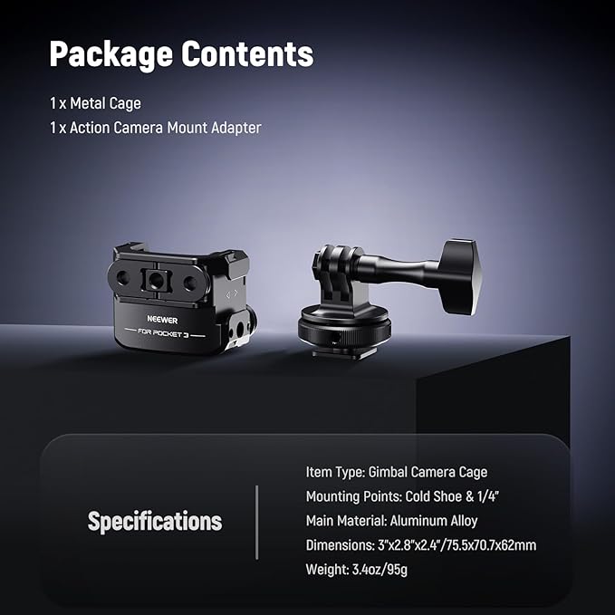 NEEWER Pocket 3 Cage & Action Camera Adapter Compatible with DJI Osmo Pocket 3 and Action 2 Magnetic Mount, Aluminum Alloy Rig with 1/4" Thread and Cold Shoe for Extension Accessories, AC009 Pro