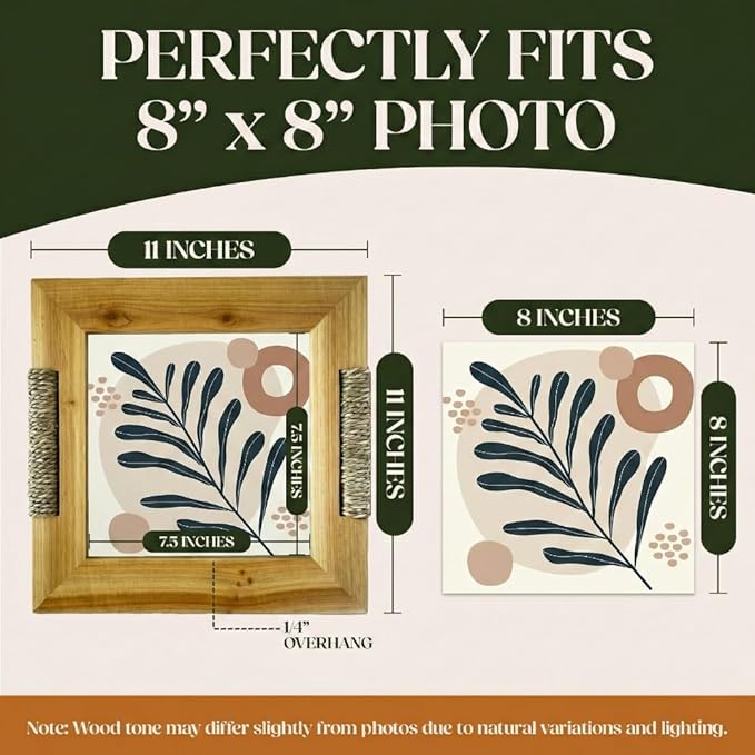 BoHo Wicker Accent Solid Wood Picture Frame for 8x8 Photo or Artwork - Bohemian, Coastal or Beach Style, Wall & Tabletop Decor Picture Frame, All Natural Wood & Seagrass - Golden Brown