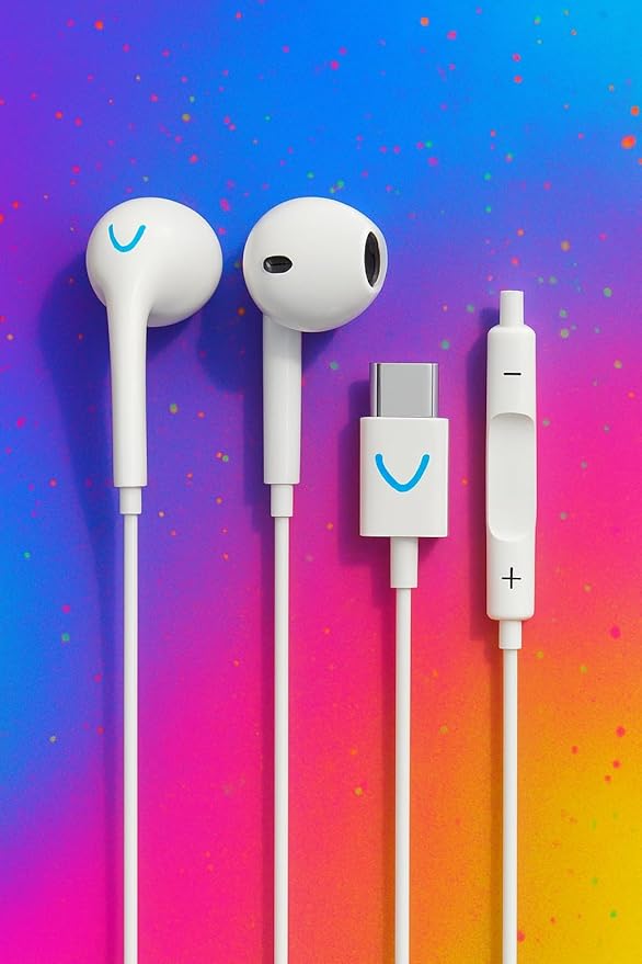 iPhone USB-C Earphones, USB-C Headphones, Earphone Wired Earbuds with Built-in Microphone, Control Music, Phone Calls, Volume. for iPhone 15/16/17 Pro Max. Black and White.