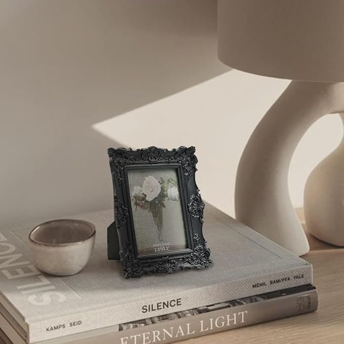 CISOO 2.5x3.5 Vintage Small Picture Frame, Antique Ornate Black Wallet Size Photo Frame for Table Top and Wall Display, Decorative Floral Design Retro Home Decor, Photo Gallery Art