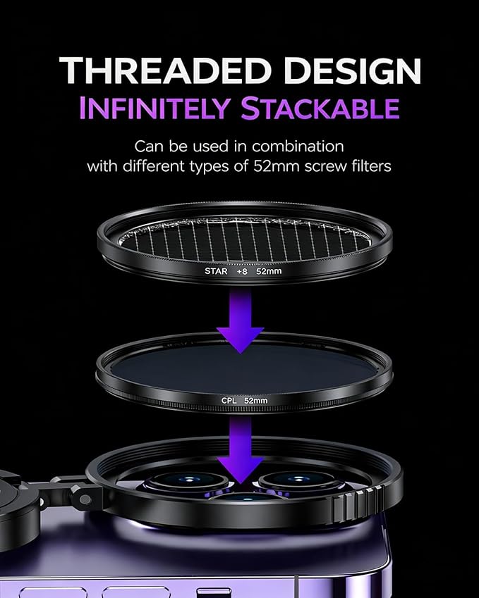 Anti-Glare Magnetic Phone Filter, Foldable Portable Anti Glare Phone Camera Lens, Professional 52mm CPL Polarizing Filter, Quick Mount, Reduce Reflections, Enhance Colors (No Set with Starry Filter)