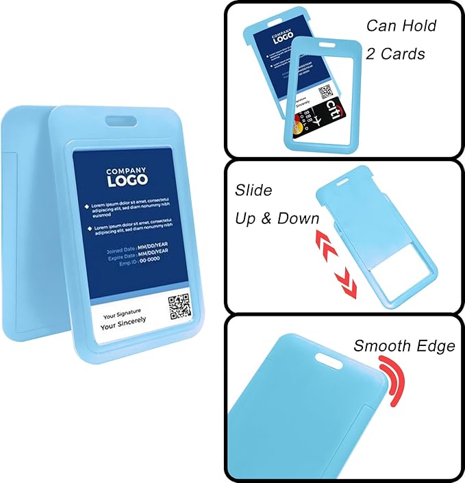 Larpur 2 Pack Sliding ID Badge Holders Hard Plastic Vertical Card Cases with Clear ID Window for School, Office, Factory, Sky Blue