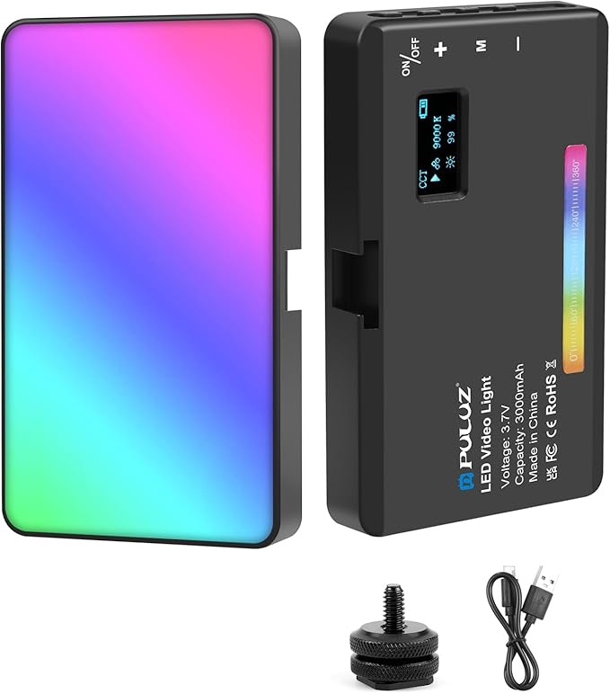 PULUZ 140 RGB Video Lights,Portable LED Camera Light Panel 0-360 Full Color with 1/4 Cold Shoe,CRI 95+ 2500-9000K LED 3000mAh Rechargeable DSLR Lighting for Photography,Video Conference,Vlogging