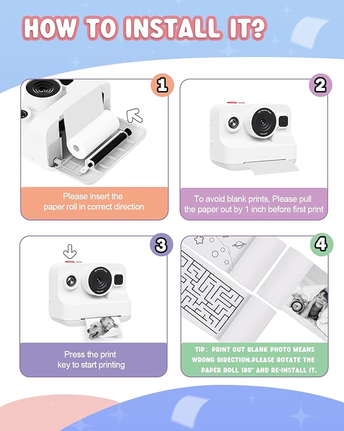 Dylanto Instant Print Camera for Kids,2.4 Inch Screen Kids Instant Cameras, Christmas Birthday Gifts for Girls Age 3-12, Portable Toddler Toy for 3 4 5 6 7 8 9 10 Year Old Girls Boys White