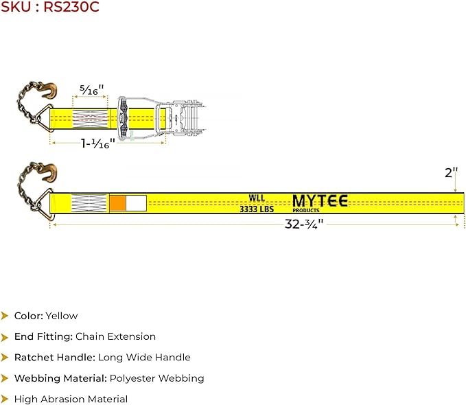 Mytee Products (10 Pack) 2" x 30' Ratchet Straps w/Chain, WLL 3400 Tie Down Strap