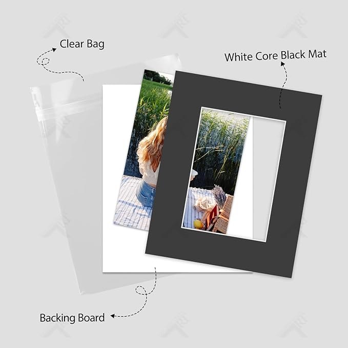 Golden State Art, Acid-Free, Pack of 25, 8x10 Black Picture Mats Mattes with White Core Bevel Cut for 5x7 Photo + Backing + Bags