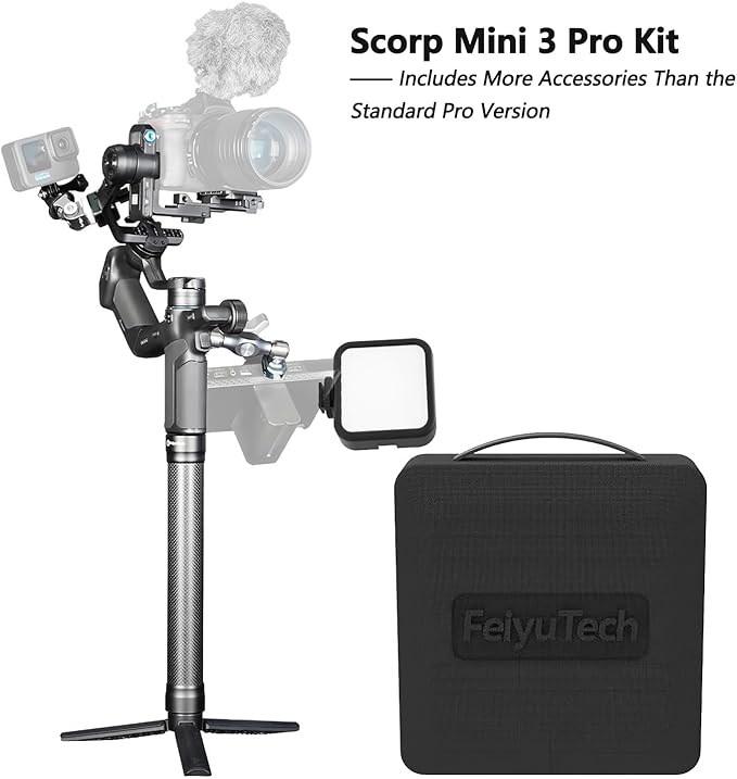 FeiyuTech SCORP Mini 3 Pro Camera Gimbal Kit w/AI Tracking 4.0, Detachable Touchscreen Handle, 4.4lb Payload, Gimbal Stabilizer for Mirrorless Cameras, Smartphone, Action Cam (Bag+Light+Pole Included)