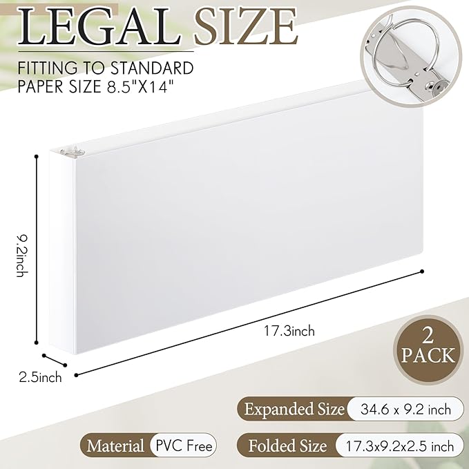 Humyoun 2 Pcs 8.5'' x 14'' Landscape 3 Ring Legal Size Binders 2 Inch Round Ring Binders Heavy Duty Economy Holds 8.5 '' x 14'' Paper for Artwork Blueprints, Office, Home, Work Places (White)