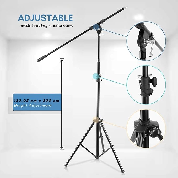 Pyle Heavy Duty Microphone Stand-Height Adjustable from 51.2'' to 78.75'' Inch High w/Extendable Telescoping Boom Arm 29.5'' and Stable Tripod Base-Clutch in T-Bar Adjustment Point PMKS56
