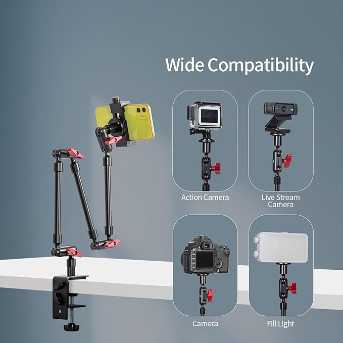 Magic Arm with Clamp, Long Articulating Arm Camera Mount, Adjustable Phone Mount Holder 360° Rotation, Mic Arm for Microphone, LED Lights, for Phone, Tripod, Desk, Table