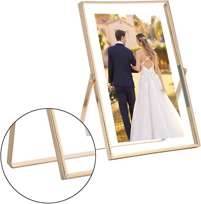 Gold 8x10'' Floating Frame Set of 2, For Photo Sizes ( 5x7'' ,6x8'' 7x9'' up to 8x10''), Beautiful Metal Lace Edge Frames Adjustable Tabletop/Shelf Photo Frame, Classy Gift Choice for Wedding,
