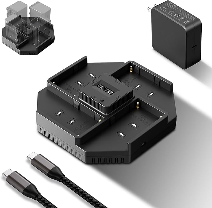 NEEWER 4 Channel NPF Battery Charger for NP-F550 NP-F750 NP-F970 Camcorder Camera Battery, 100W PD Fast Charging with PD 100W GaN Fast Wall Charger, USB C to USB C Cable, OLED Display, NW-F4