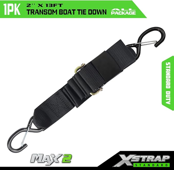 XSTRAP STANDARD 1PK 2''x 13' Adjustable Tie-Down Wide Webbing Rated Capacity: 1200 lb Moving Straps Tie Downs Marine Boat Strap Trailer with Hooks Prevent Corrosion Yet Easy
