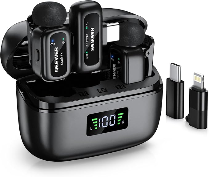 NEEWER KM19 Lightweight Wireless Lapel Microphone, 48kHz/24bit 30H Battery 3-Level Noise Cancelling Mute Stereo 100m Range Mini Lav Mic with App Control, Compatible with iPhone Android Phone PC