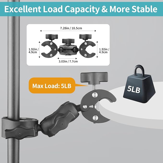Double Clamp Mount Umbrella Chair Clamp with 360° Magic Arm, Umbrella Holder Clip for Chair Wheelchair Stroller Light Stand, Photography Reflector, Motorcycle, Live Scope Pole, Photo Boom Stand