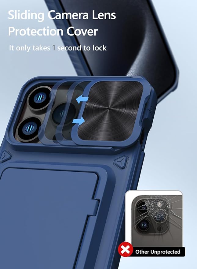 Vihibii for iPhone 15 Pro Max Wallet Case with Card Holder (4 Cards) & Slide Lens Protective Cover & Kickstand & Raised Edges Protect Screen, Shockproof Rugged Case for iPhone 15 Pro Max 6.7", Blue