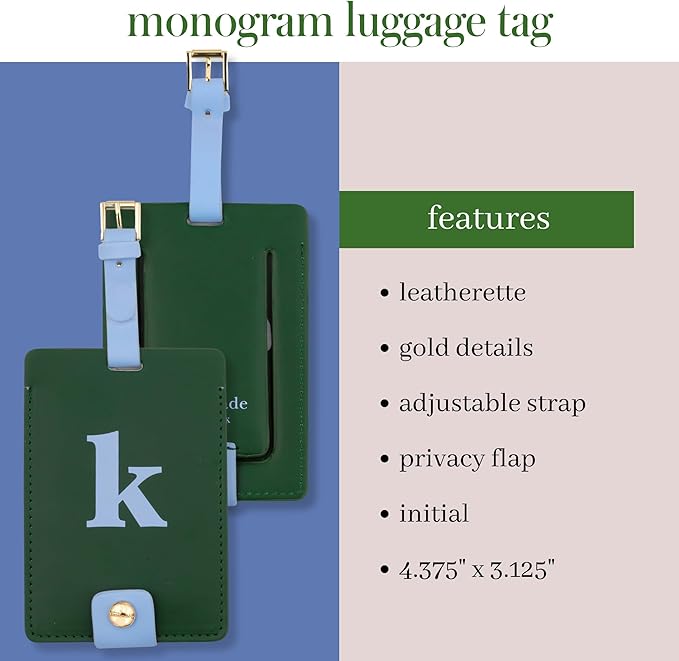 Kate Spade New York Leatherette Luggage Tag with Secure Strap, Colorful Suitcase Identifier for Travel, Monogram Bag Tag ID (K) (Pack of 2)