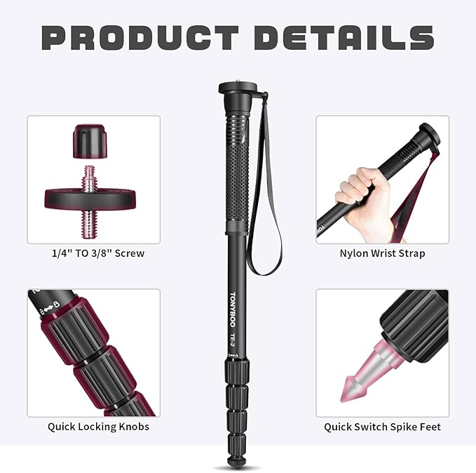TONYBOO 65” Camera Monopod, Φ25mm 6-Section Aluminum Camera Monopod Stand, with Wrist Strap, Rubber Grip, Twist Locks, Compatible with Photography DSLR Camera Mirrorless, Load up 8kg- TE-2