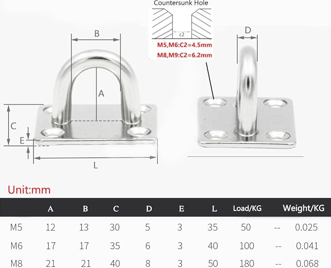 304 Stainless Steel Square Eye Pad Plate 5/16" 8mm Anchor Mount Great for Yoga Swings Hammocks/Boat Rigging/Marine Deck Hardware/Suspension Training Straps