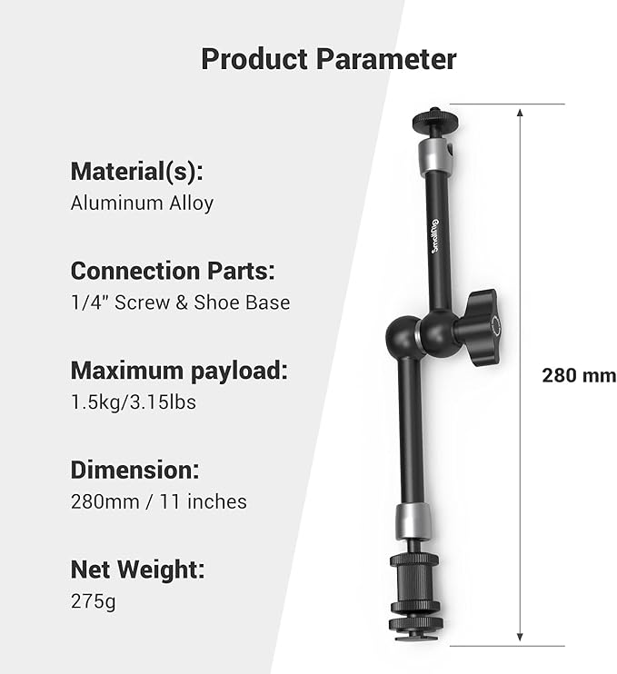 SMALLRIG Articulating Rosette Arm Max 11'' Long with Cold Shoe Mount & Standard 1/4"-20 Threaded Screw Adapter - 1498