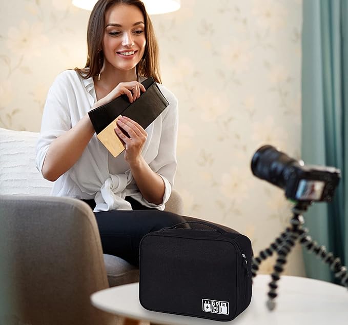 Electronic Accessories Organizer, Portable Travel Cable Storage Bag Tech Pouch with Adjustable Compartments Water-Resistant Handbag for Smart Device Cords Chargers Hard Drives Gadgets