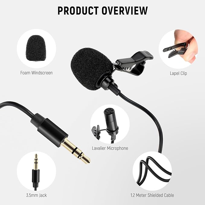 NEEWER CM5 Lav Mic (2 Pack), 3.9ft/1.2m Wired Clip On Lavalier Lapel Omnidirectional Condenser 3.5mm TRS Mini Microphone Compatible with Camera Rode Wireless GO II 2 DJI Transmitter, 1x Cleaning Cloth