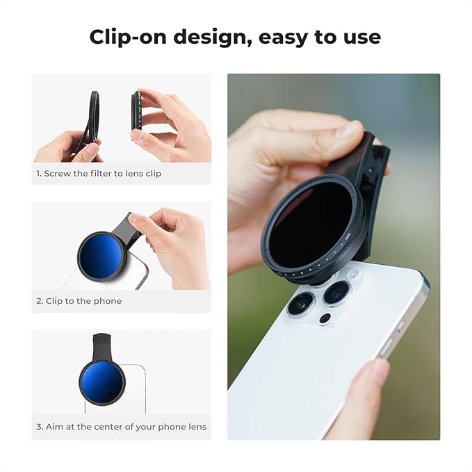 K&F CONCEPT 52mm Clip-on ND2-400 Phone Camera Lens Filter Kit, Adjustable Neutral Density Filter Compatible with iPhone 16 15 14 13 12 11