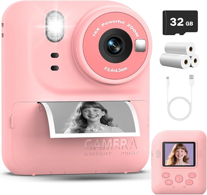 Okaloka Kids Instant Print Camera Toys,1080P HD Toddler Digital Video Camera,Christmas Birthday Gifts for Girls Boys Age 3-12 Year Old - 32G SD Card Included (Pink)