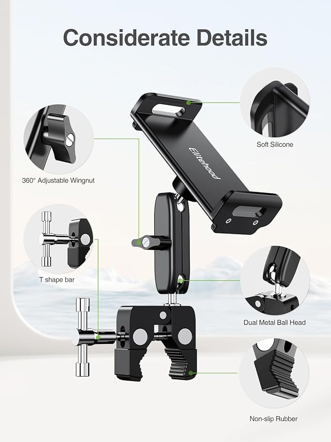 elitehood Aluminum Dual Ball Head Tablet Holder for Mic Stand, Adjustable iPad Mic Stand Holder, Side Mount Microphone Music Stand Phone Holder Mount for iPad, iPhone,4, 7-12.9in Tablets