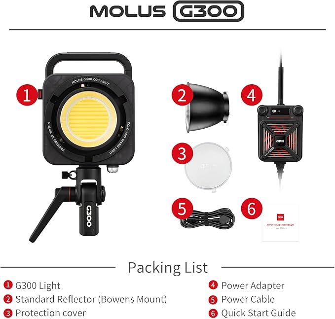 ZHIYUN MOLUS G300 [Official], 300W COB Bi-Color LED Video Light, Bowens Mount, 500W MAX Extreme Mode, App Control, Ultra Quiet, 2700K-6500K, CRI 95+ TLCI 97+ 15500Lux/1M,14 Lighting Effects