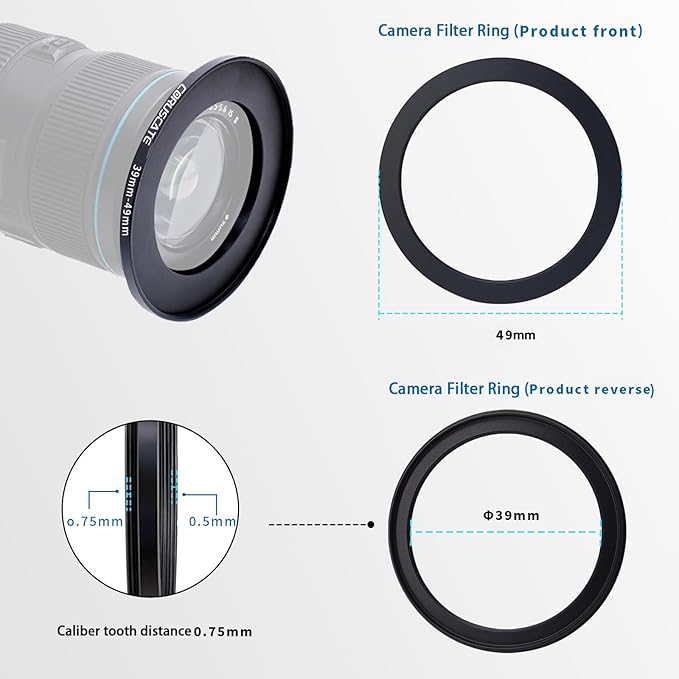 39mm to 49mm Camera Filter Adapter Ring,39mm-49mm Lens Adapter Metal Filter Rings Compatible All 39mm Size Lens and 49mm Thread Size Camera Accessory+1pcs Lens Cleaning Cloth.