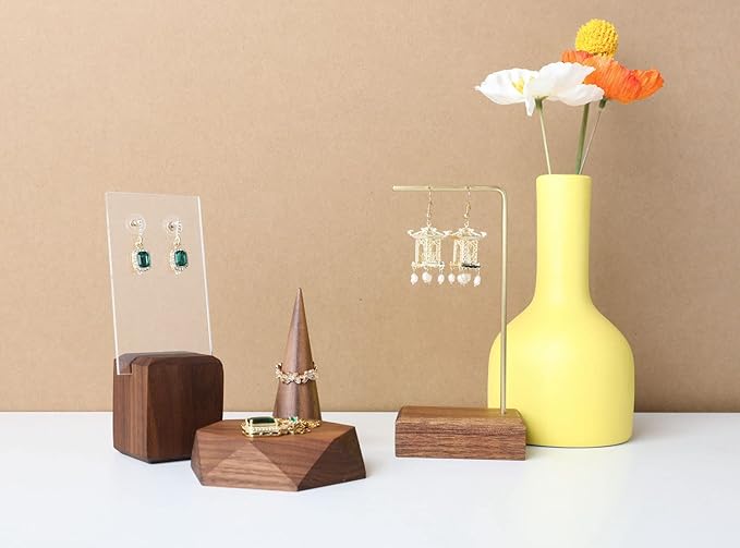 GemeShou brass earring display stands for selling, wooden ear ring holders for jewelry, single stud holder jewelry display【Walnut brass earring stand Height 5.31"】