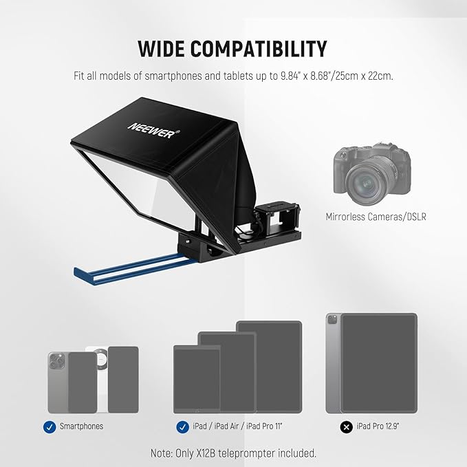 NEEWER Basics X12B Aluminum Alloy Liftable Teleprompter 12" Compatible with iPhone iPad Tablet Phone Camera, No Assembly/Remote & App Control with Cleaning Cloth, for Online Teaching Live Streaming