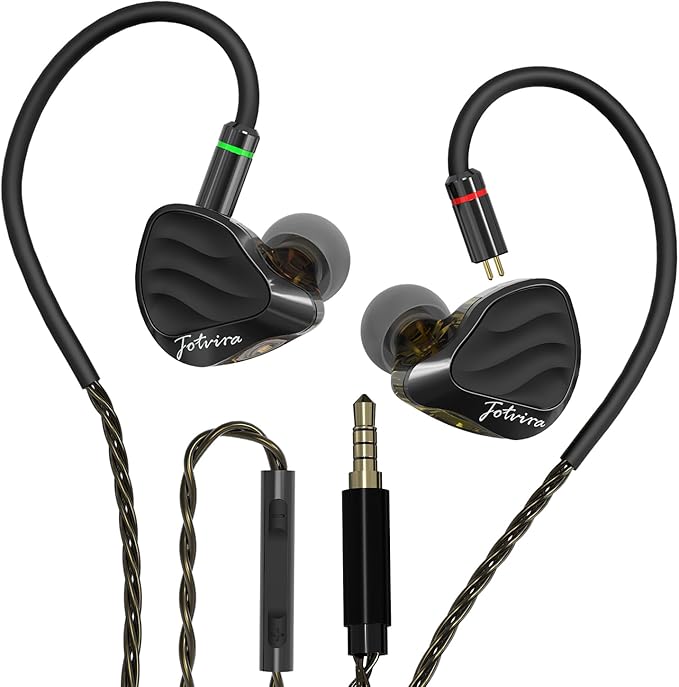 Hybrid in Ear Monitors Headphones with Mic, IEM Earphones 10mm Dual Dynamic Drivers, HiFi Wired Earbuds, Zinc Alloy Faceplate in Ear Monitor with Silver-Plated Detachable Cable for Musician
