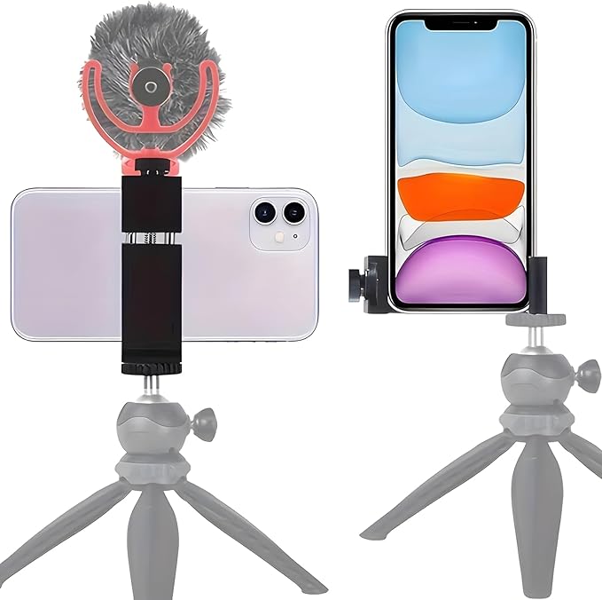 Metal Phone Tripod Mount with Arca Port Cold Shoes & 1/4" Screw Hole, Adjustable Cell Phone Tripod Adapter Clamp Holder Compatible with iPhone Samsung for Video Recording