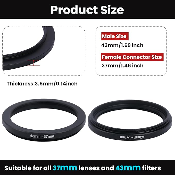 Metal Step Down Ring Filter Adapter - 43mm to 37mm - Metal Ring Step Down Rings Adapter Filter Compatible with All 37mm UV, CPL, ND, Lens Hood, Threaded Lens ect